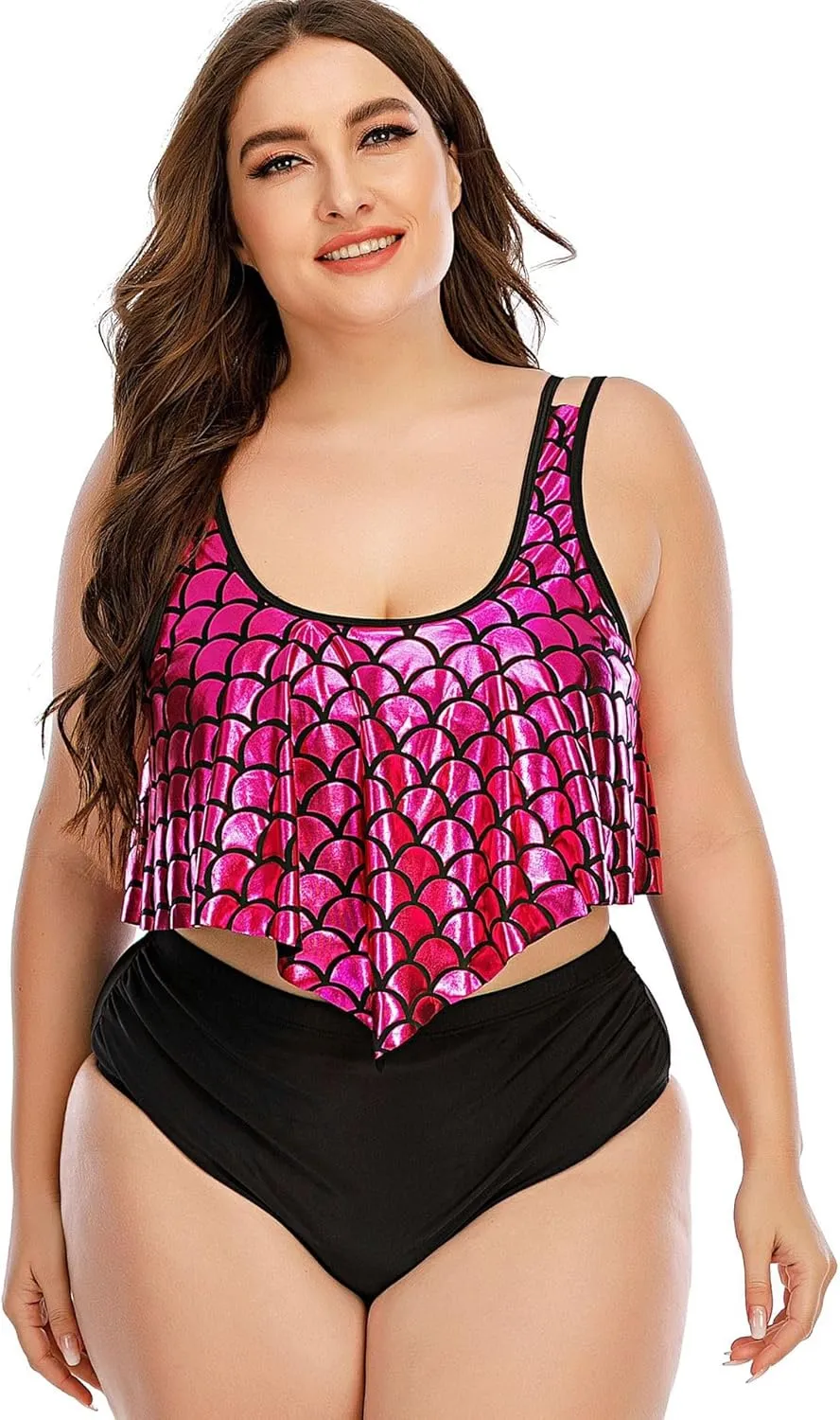 Two Piece Swimwear for Women Plus Size Shiny Sexy Tummy Control Pool Vacation Bathing Suit