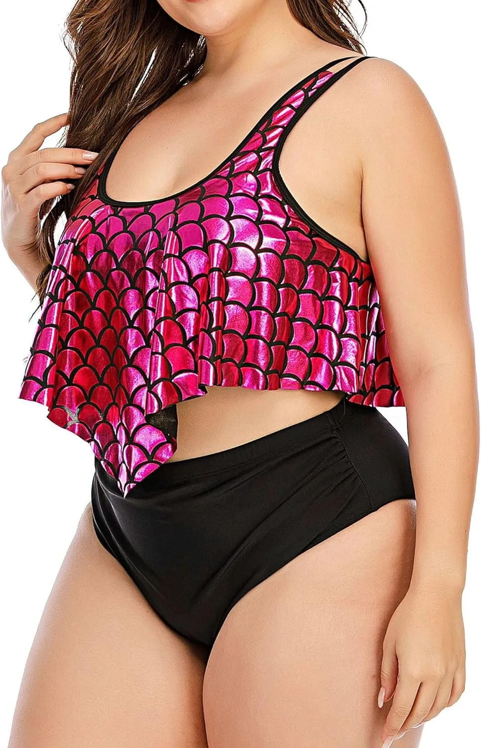 Two Piece Swimwear for Women Plus Size Shiny Sexy Tummy Control Pool Vacation Bathing Suit