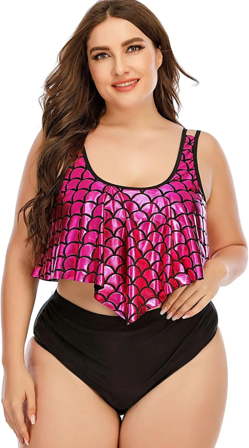Two Piece Swimwear for Women Plus Size Shiny Sexy Tummy Control Pool Vacation Bathing Suit