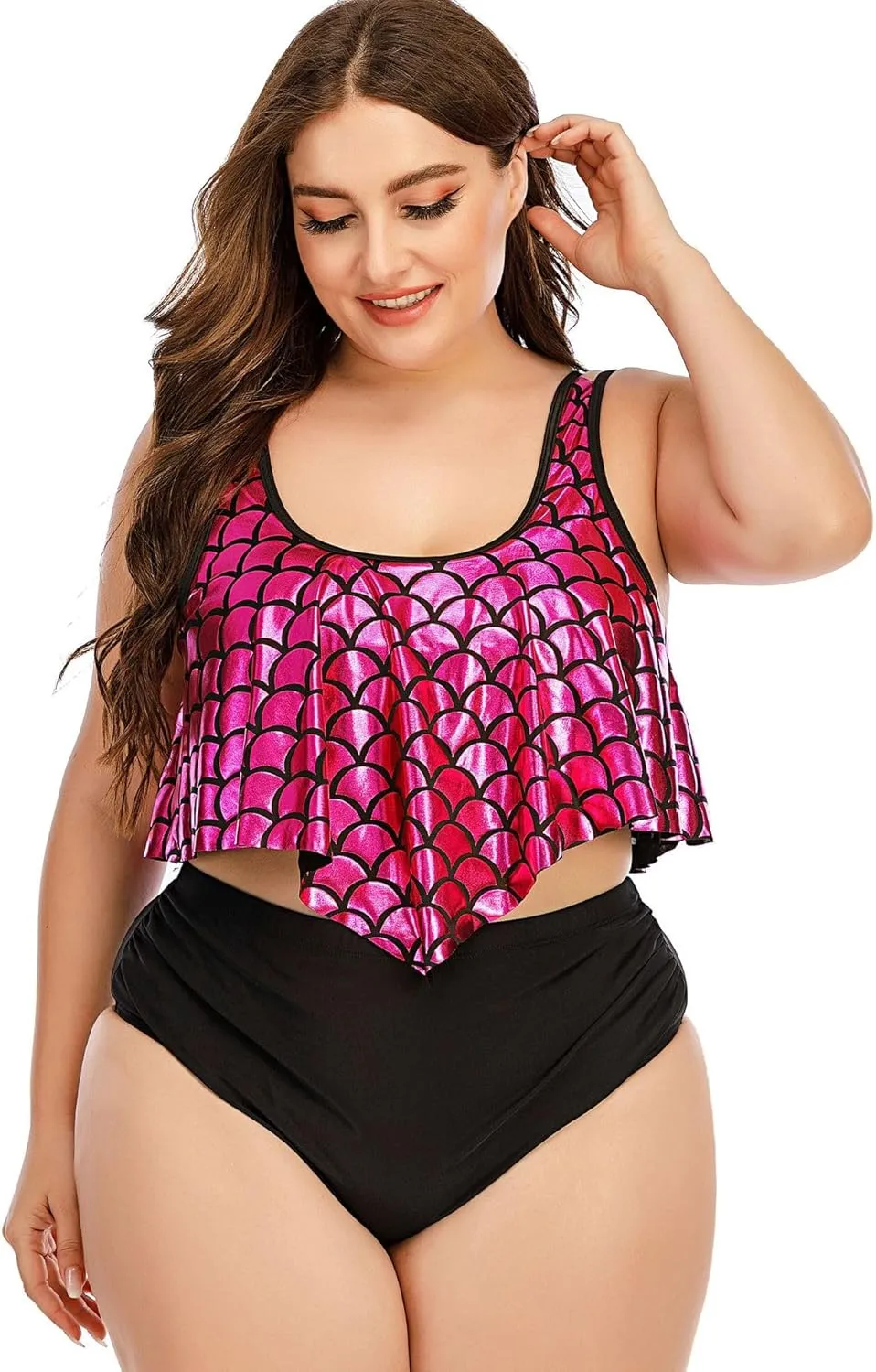 Two Piece Swimwear for Women Plus Size Shiny Sexy Tummy Control Pool Vacation Bathing Suit