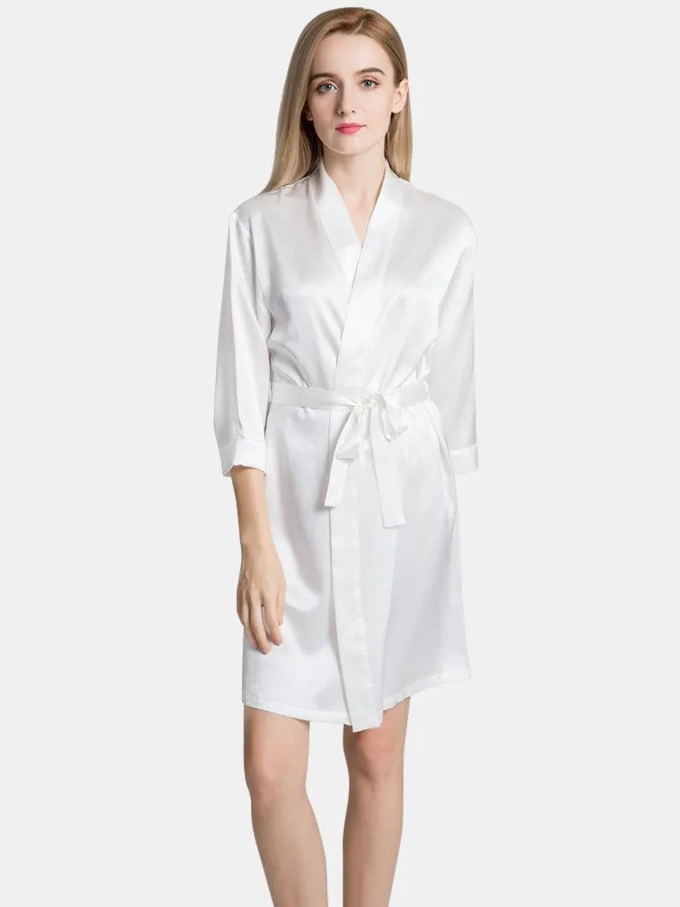 V-Neck Ladies Soft Sleepwear Short Self-tie Belt Silk Robe for Women