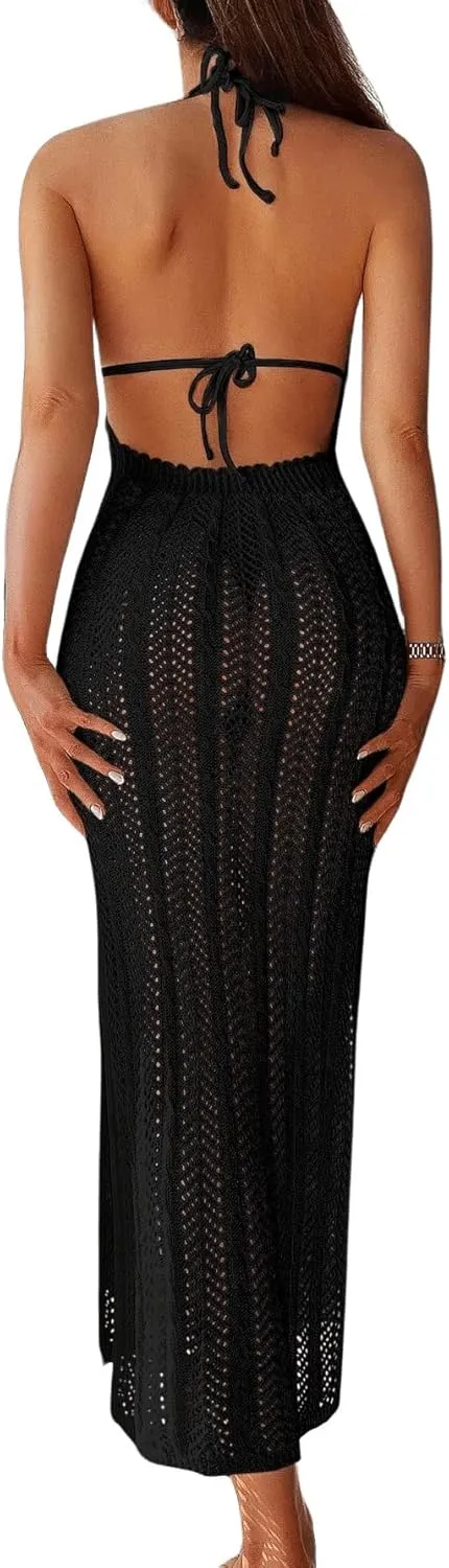 Verdusa Women's Halter Neck Tied Backless Crochet Knitted Bikini Cover Up Dress