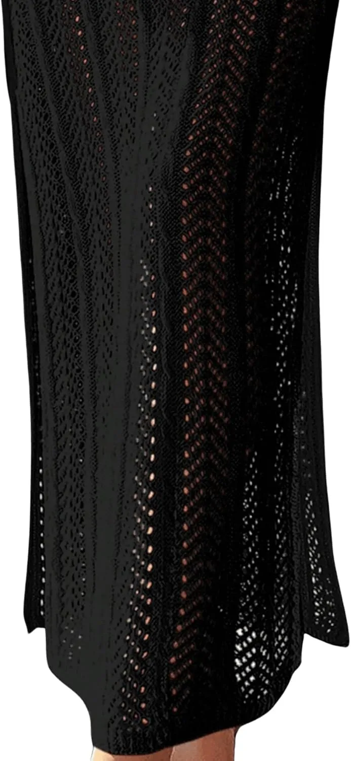 Verdusa Women's Halter Neck Tied Backless Crochet Knitted Bikini Cover Up Dress