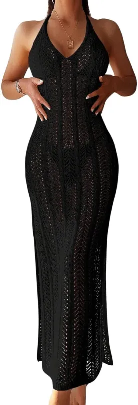 Verdusa Women's Halter Neck Tied Backless Crochet Knitted Bikini Cover Up Dress