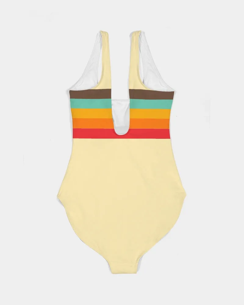 Vintage 70s Retro Stripe, Mellow Yellow Women's One-Piece Swimsuit