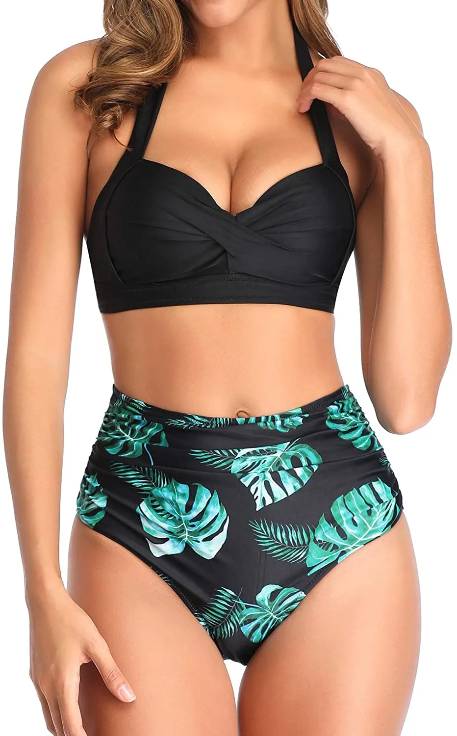 Vintage Style Halter Black & White Striped Ruched High Waist 2pc Bikini Swimsuit