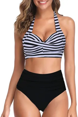 Vintage Style Halter Black & White Striped Ruched High Waist 2pc Bikini Swimsuit