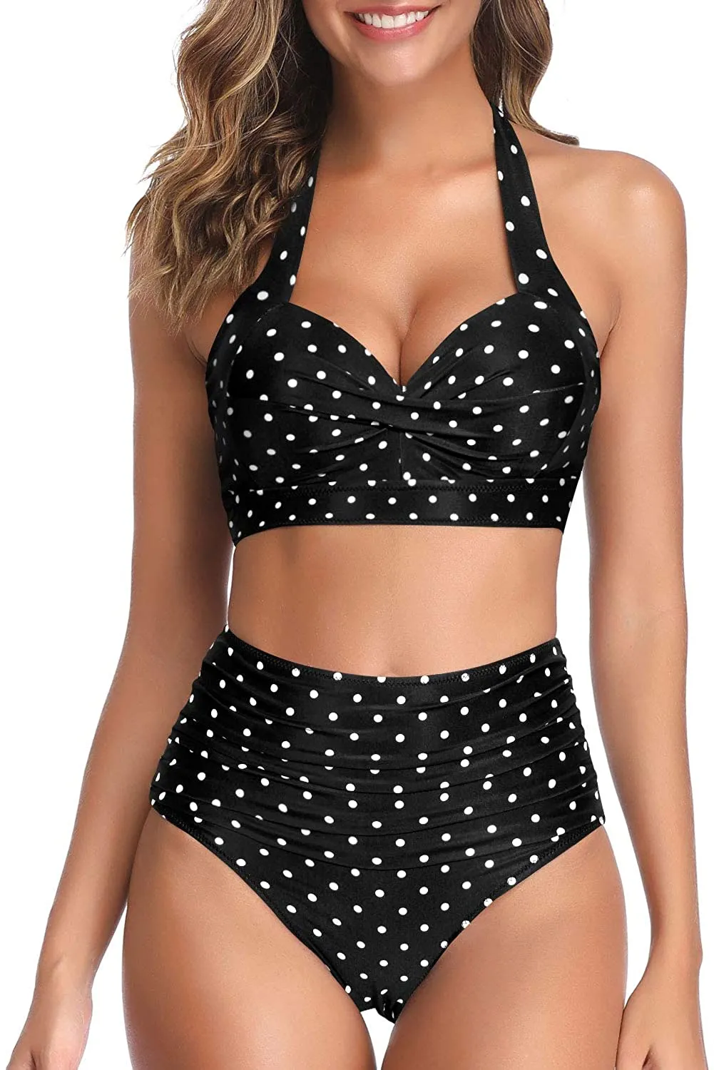 Vintage Style Halter Black & White Striped Ruched High Waist 2pc Bikini Swimsuit
