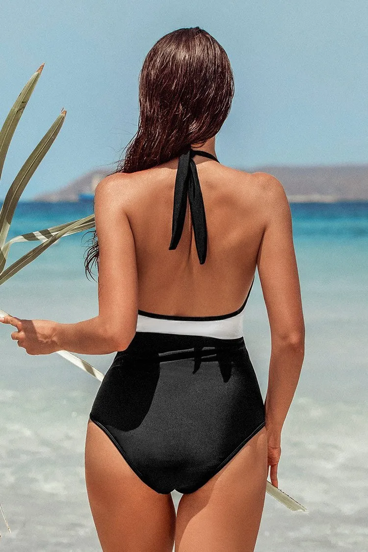 White and Black Halter One-Piece Swimsuit