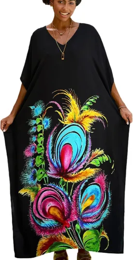 Women Kaftan Dress Coverups Swimwear Plus Size Floral Holiday Casual Dress Loose Fit One Size