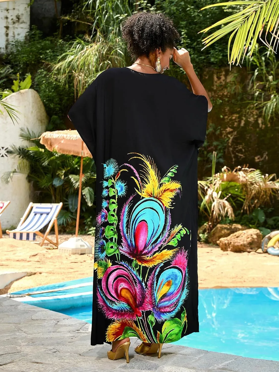 Women Kaftan Dress Coverups Swimwear Plus Size Floral Holiday Casual Dress Loose Fit One Size