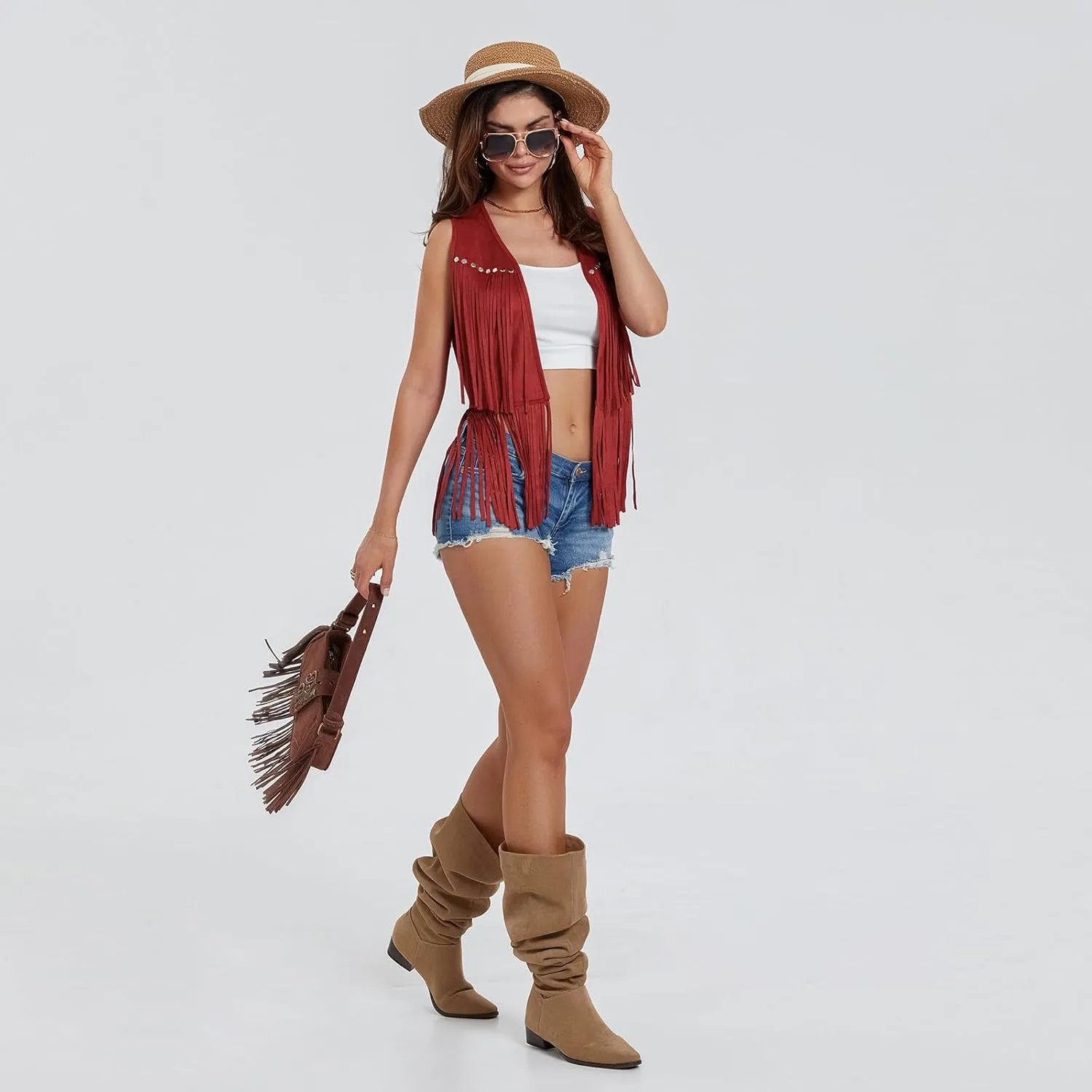 Women Vintage Western Fringe Vest Cowboy Cowgirl Clothes 70s Hippie Vest Tassel Country Concert Fringe Tops Shirts