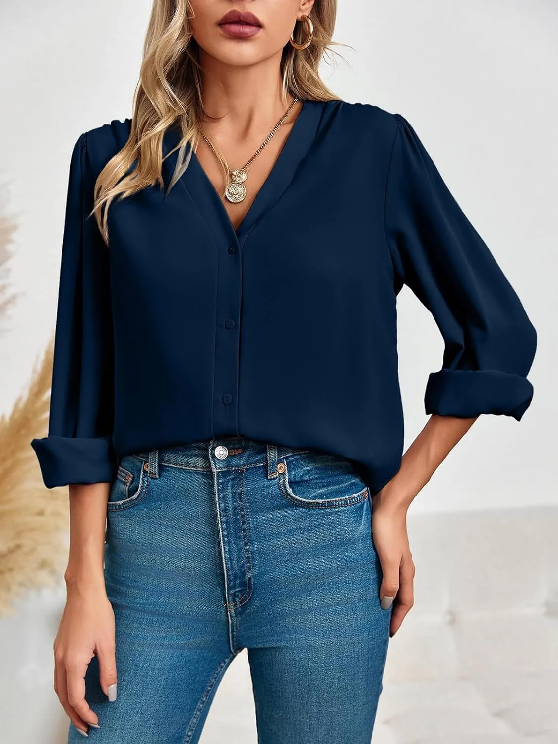 Women's Business Casual Tops Summer Long Sleeve Button Down Shirts V Neck Chiffon Blouses