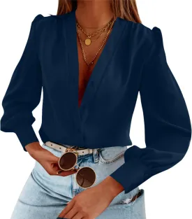Women's Business Casual Tops Summer Long Sleeve Button Down Shirts V Neck Chiffon Blouses
