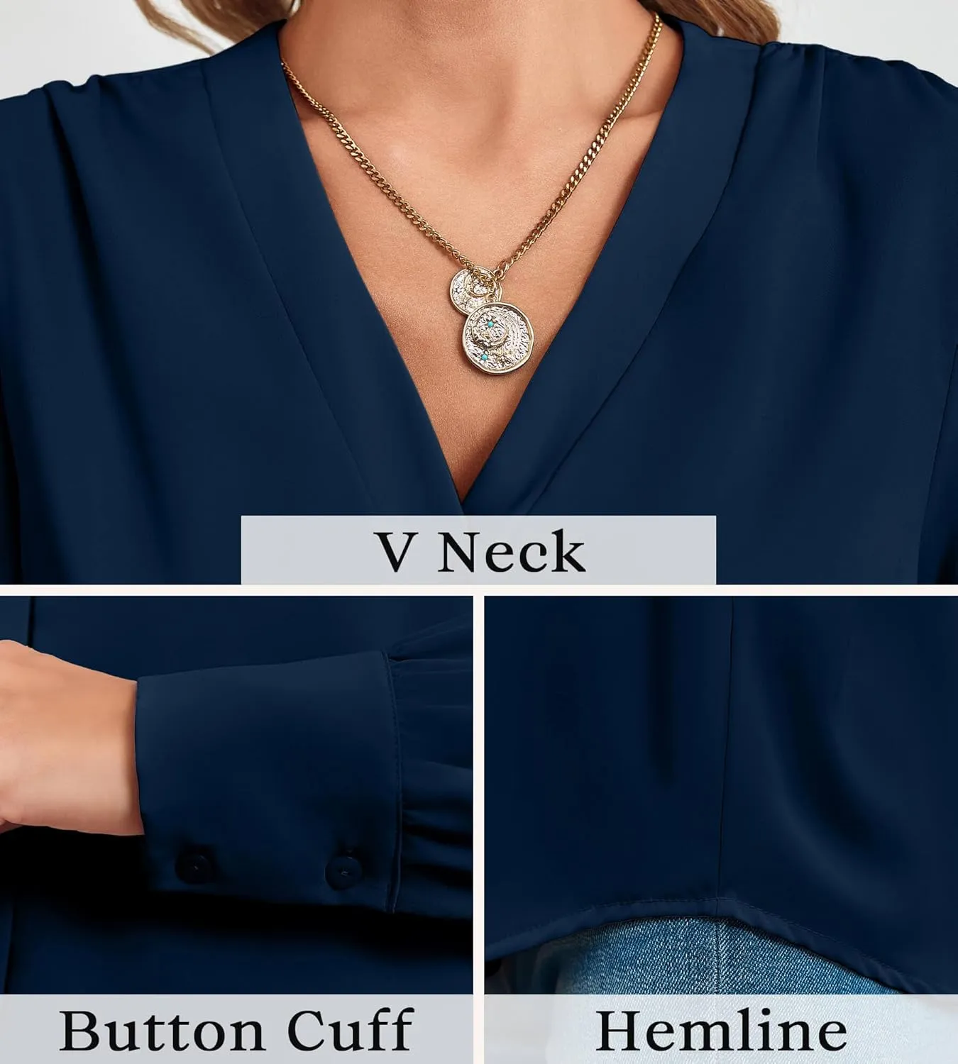 Women's Business Casual Tops Summer Long Sleeve Button Down Shirts V Neck Chiffon Blouses