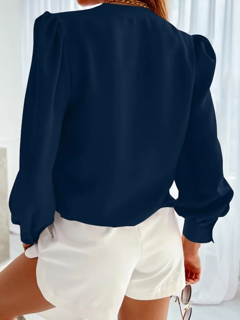Women's Business Casual Tops Summer Long Sleeve Button Down Shirts V Neck Chiffon Blouses