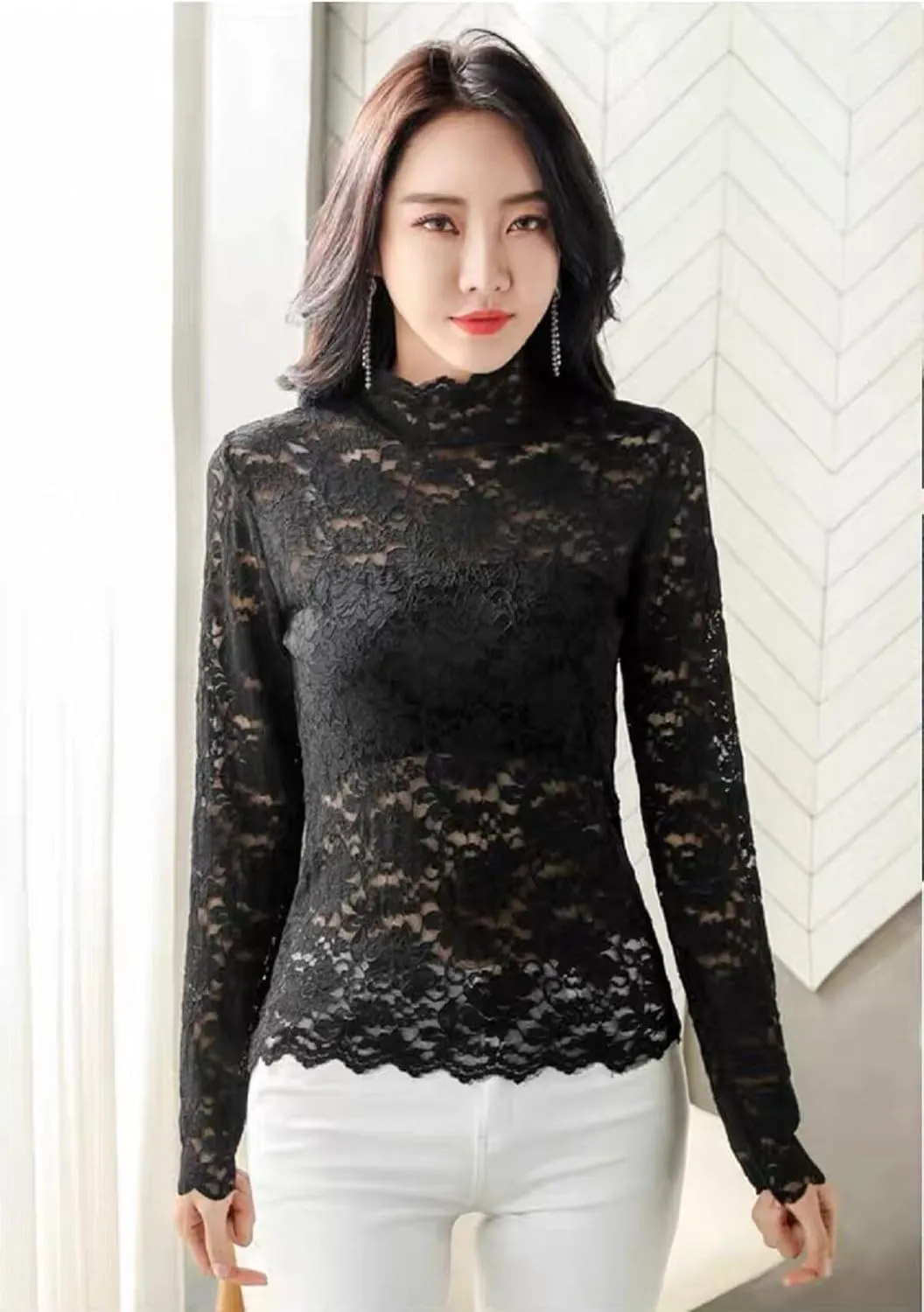 Women's Floral Lace Top Long Sleeve Mock See Through Mesh Underwear Blouse Shirt S-L