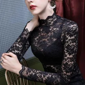 Women's Floral Lace Top Long Sleeve Mock See Through Mesh Underwear Blouse Shirt S-L