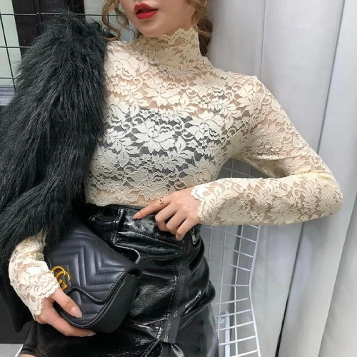 Women's Floral Lace Top Long Sleeve Mock See Through Mesh Underwear Blouse Shirt S-L