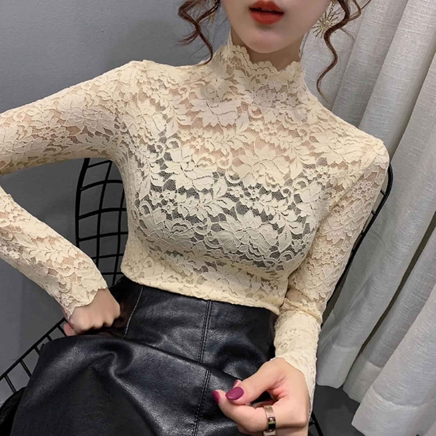 Women's Floral Lace Top Long Sleeve Mock See Through Mesh Underwear Blouse Shirt S-L