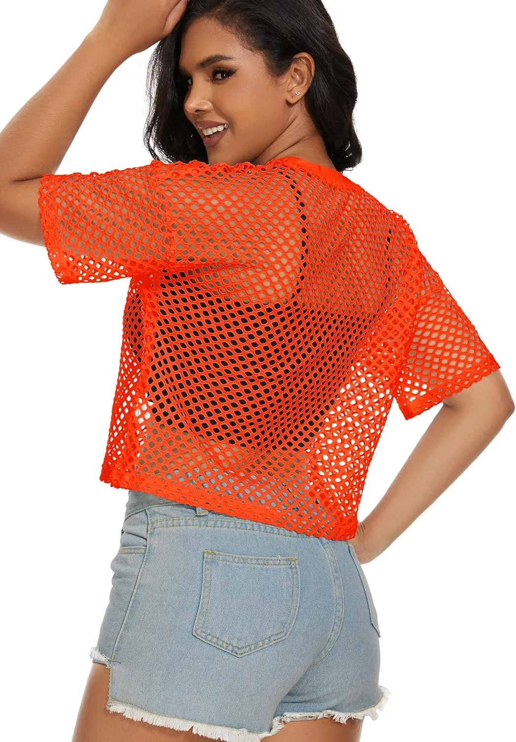 Women's Mesh Fishnet Top See Through Cover Up Short Sleeves T Shirts Sheer Blouse