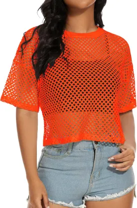 Women's Mesh Fishnet Top See Through Cover Up Short Sleeves T Shirts Sheer Blouse