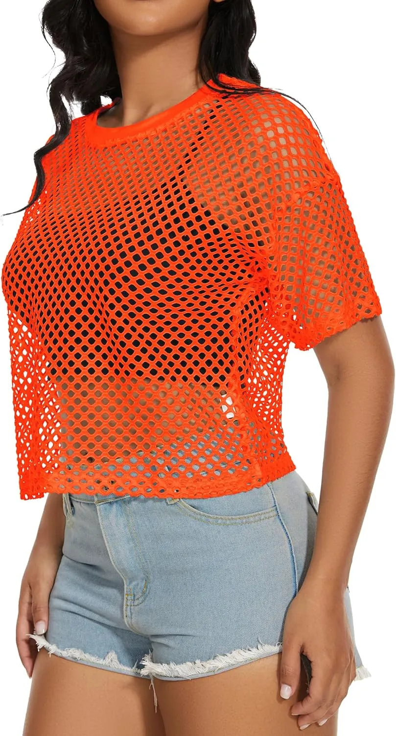 Women's Mesh Fishnet Top See Through Cover Up Short Sleeves T Shirts Sheer Blouse