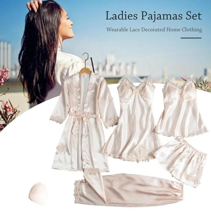 Women's Pajama Set 5 Piece Satin Lace Summer Sexy Nightdress B227408