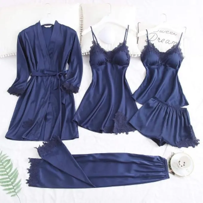 Women's Pajama Set 5 Piece Satin Lace Summer Sexy Nightdress B227408