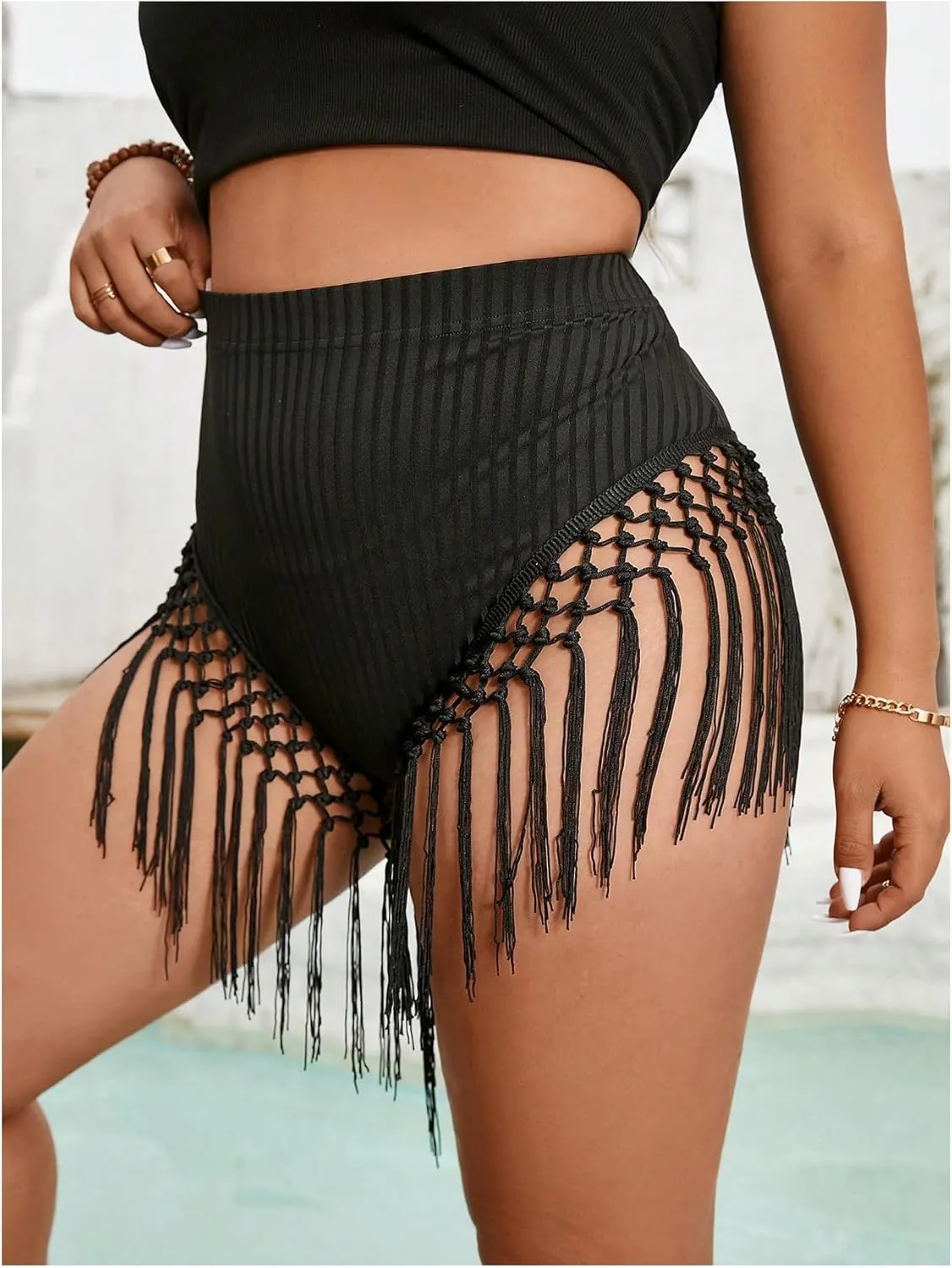 Women's Plus Size Tassel Hem Mini Shorts Boho Fringe Bikini Bottoms Summer Beachwear Skinny Booty Shorts