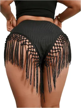 Women's Plus Size Tassel Hem Mini Shorts Boho Fringe Bikini Bottoms Summer Beachwear Skinny Booty Shorts