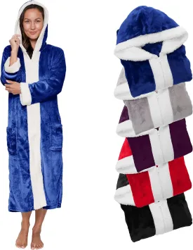 Womens Zip Front Fleece Bath Robe, Sherpa Hooded Bathrobe, Great Mothers Day Gift for Mom, Grandma, Daughter, Sister, Wife