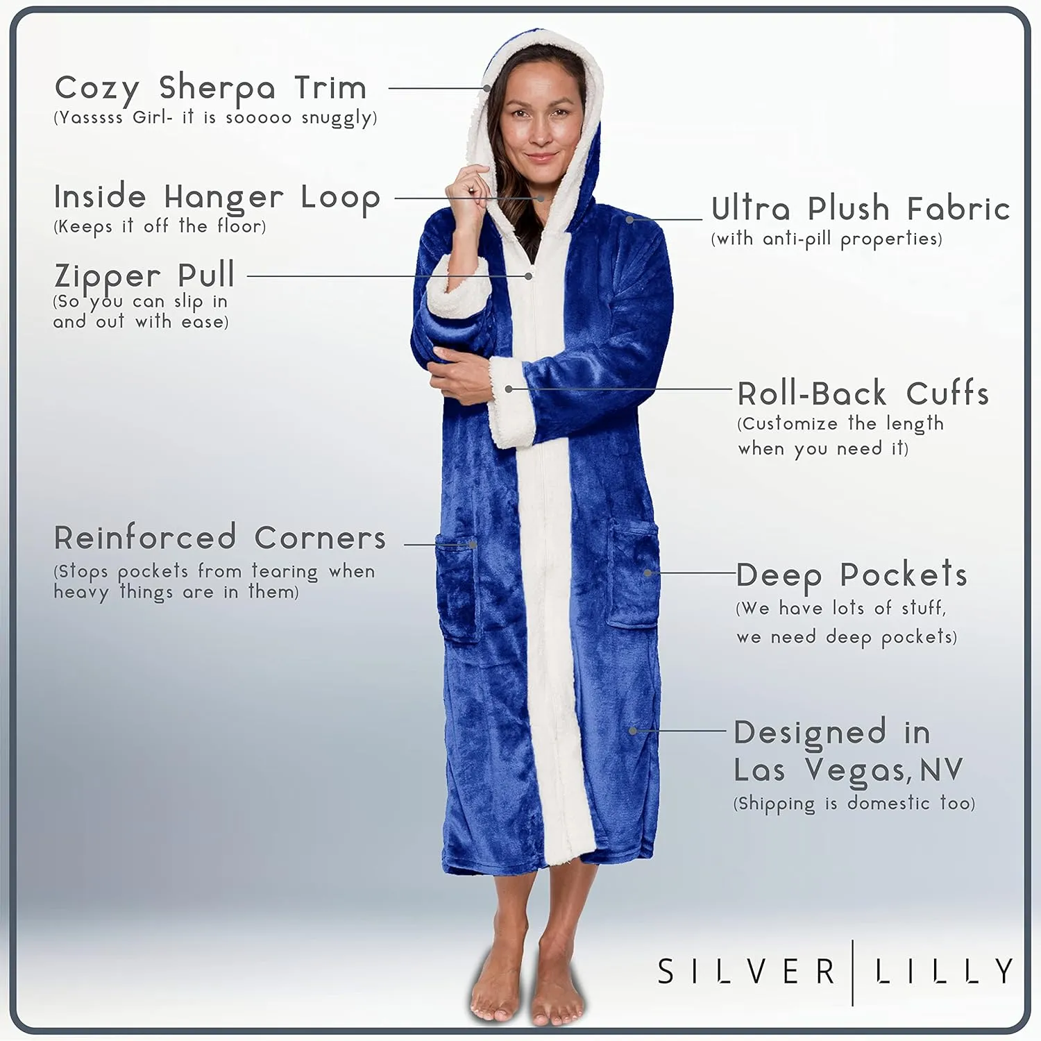 Womens Zip Front Fleece Bath Robe, Sherpa Hooded Bathrobe, Great Mothers Day Gift for Mom, Grandma, Daughter, Sister, Wife