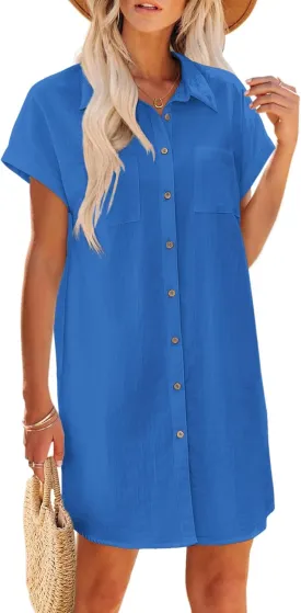 Zeagoo Women's Summer Dress 2025 Cotton Button Down Short Sleeve Tshirt Dresses Casual Flowy V Neck Loose Mini Beach Dress