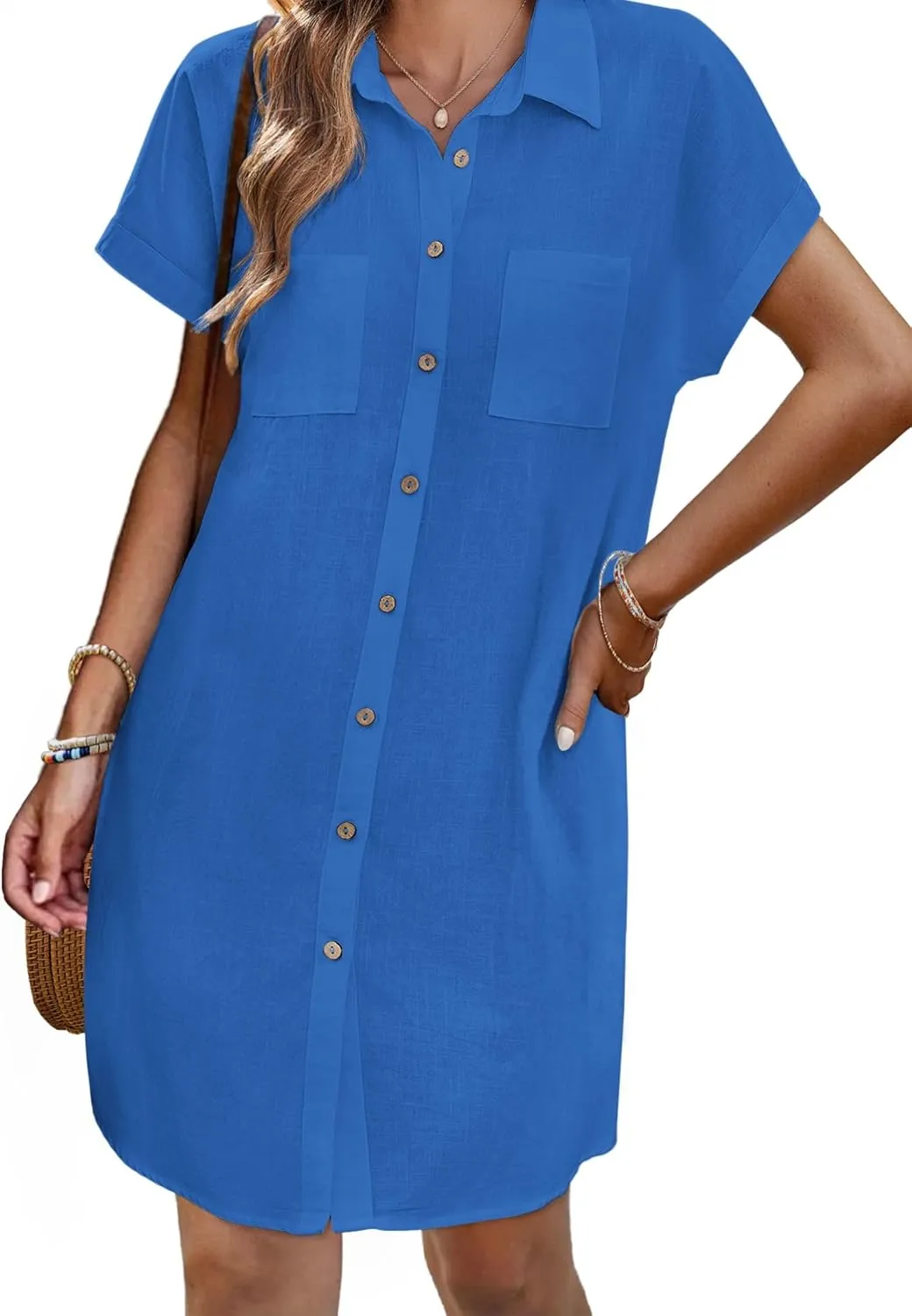 Zeagoo Women's Summer Dress 2025 Cotton Button Down Short Sleeve Tshirt Dresses Casual Flowy V Neck Loose Mini Beach Dress