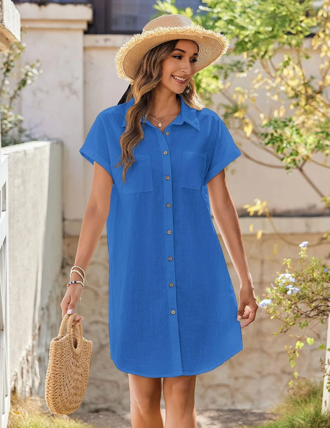 Zeagoo Women's Summer Dress 2025 Cotton Button Down Short Sleeve Tshirt Dresses Casual Flowy V Neck Loose Mini Beach Dress
