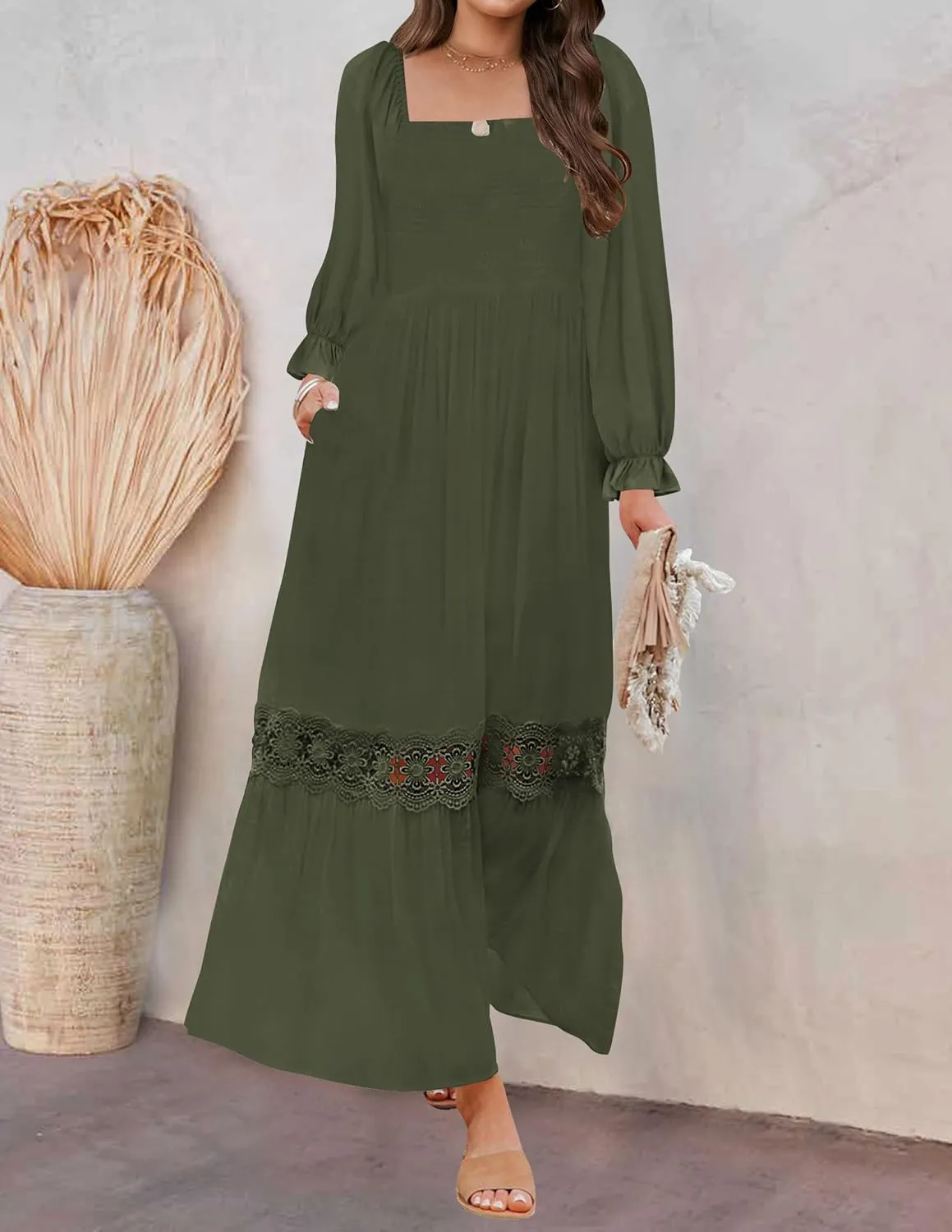 ZESICA Women's 2025 Boho Long Sleeve Square Neck Smocked High Waist Flowy A Line Lace Trim Maxi Dress
