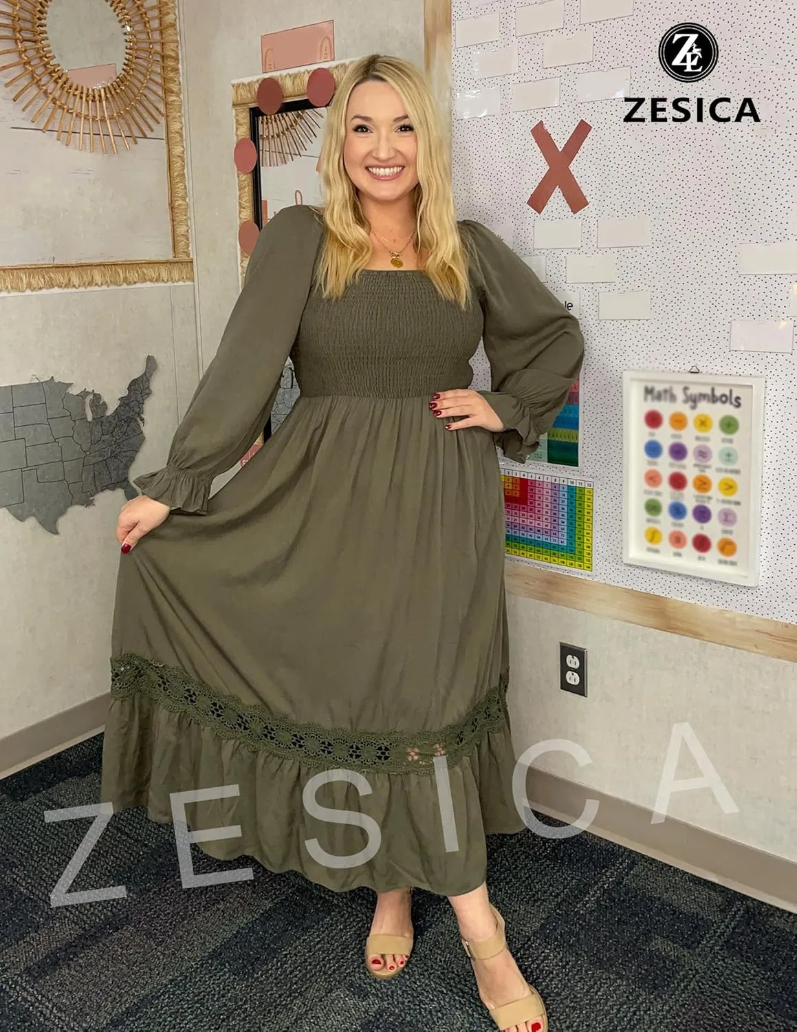 ZESICA Women's 2025 Boho Long Sleeve Square Neck Smocked High Waist Flowy A Line Lace Trim Maxi Dress