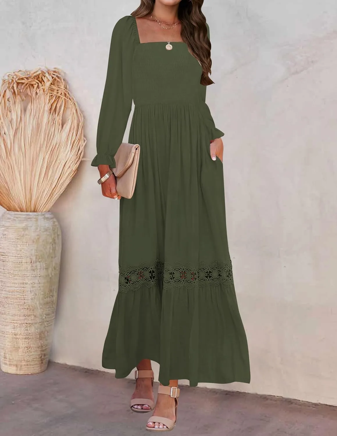 ZESICA Women's 2025 Boho Long Sleeve Square Neck Smocked High Waist Flowy A Line Lace Trim Maxi Dress