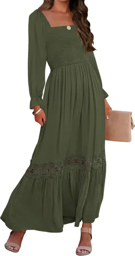 ZESICA Women's 2025 Boho Long Sleeve Square Neck Smocked High Waist Flowy A Line Lace Trim Maxi Dress
