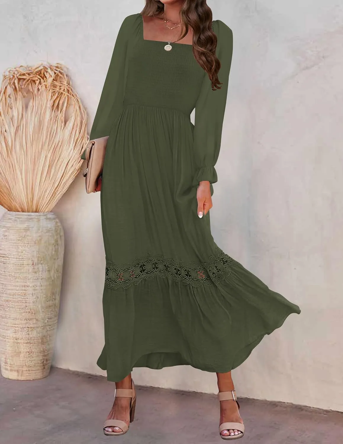 ZESICA Women's 2025 Boho Long Sleeve Square Neck Smocked High Waist Flowy A Line Lace Trim Maxi Dress