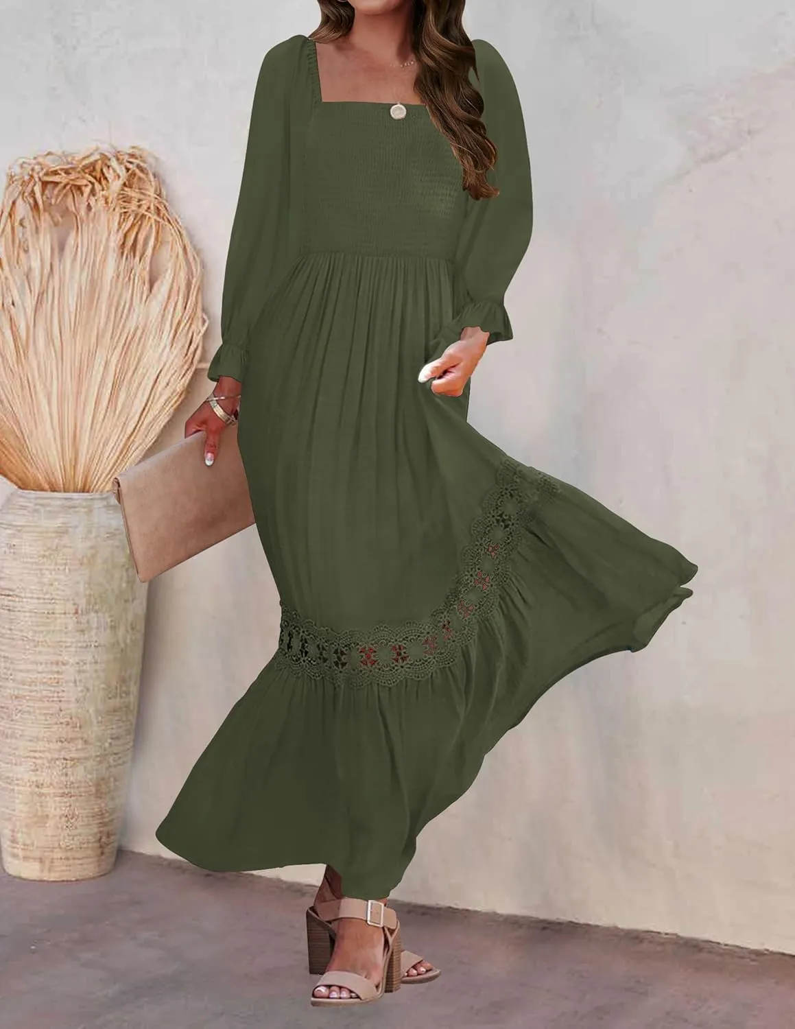 ZESICA Women's 2025 Boho Long Sleeve Square Neck Smocked High Waist Flowy A Line Lace Trim Maxi Dress
