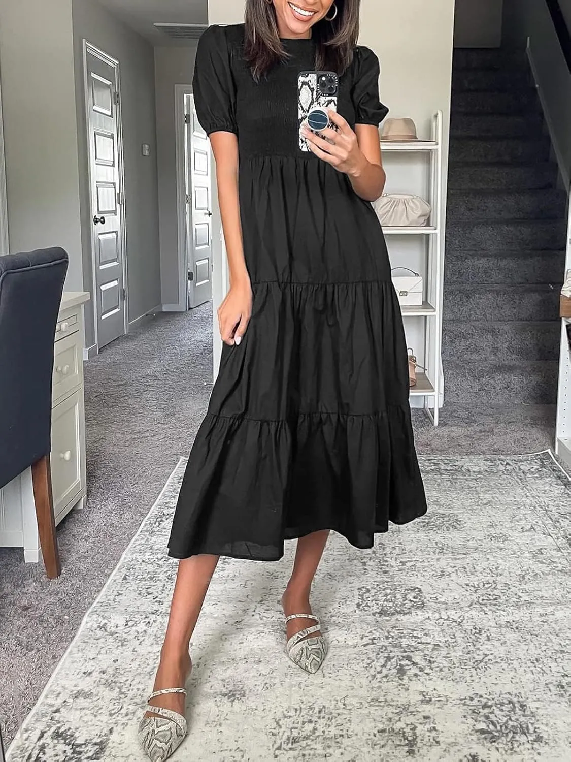 ZESICA Women's Casual Summer Crew Neck Short Puff Sleeve Smocked High Waist Ruffle Tiered A Line Midi Dress