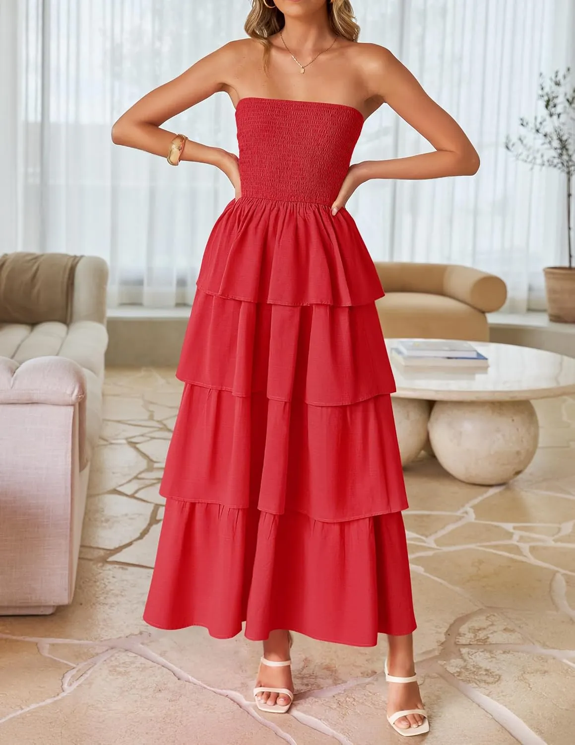 ZESICA Womens Summer Boho Strapless Maxi Dress 2025 Casual Sleeveless Off Shoulder Smocked Tiered Beach Long Sundress