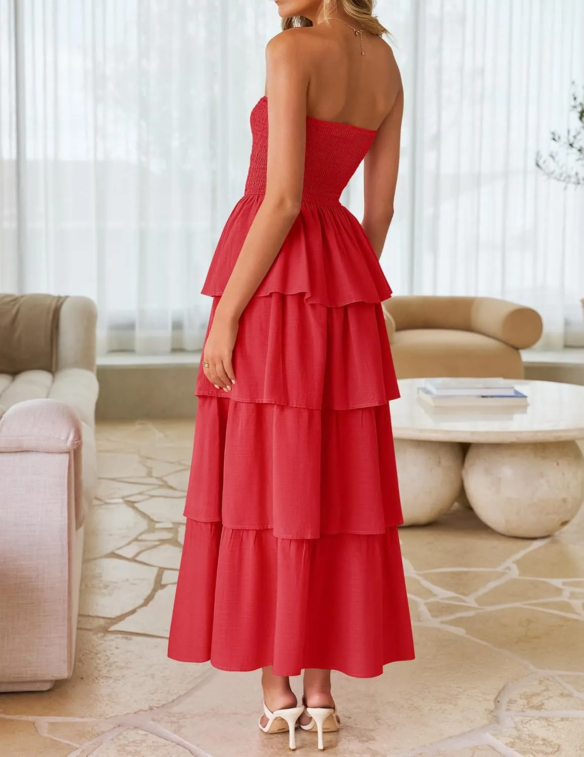 ZESICA Womens Summer Boho Strapless Maxi Dress 2025 Casual Sleeveless Off Shoulder Smocked Tiered Beach Long Sundress