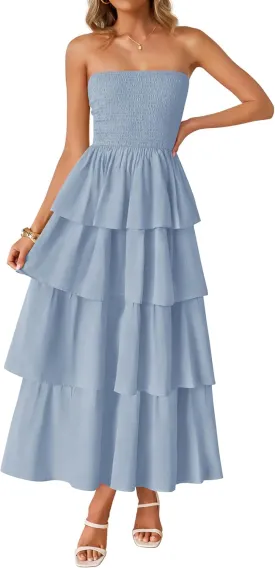 ZESICA Womens Summer Boho Strapless Maxi Dress 2025 Casual Sleeveless Off Shoulder Smocked Tiered Beach Long Sundress