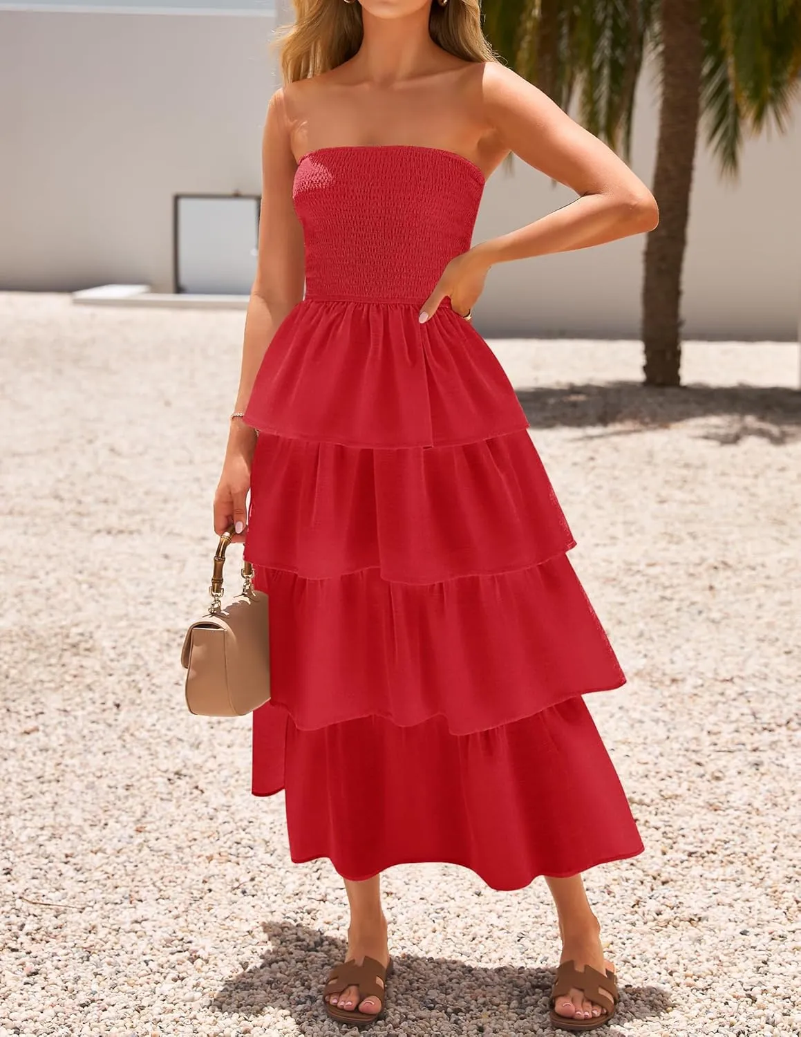 ZESICA Womens Summer Boho Strapless Maxi Dress 2025 Casual Sleeveless Off Shoulder Smocked Tiered Beach Long Sundress