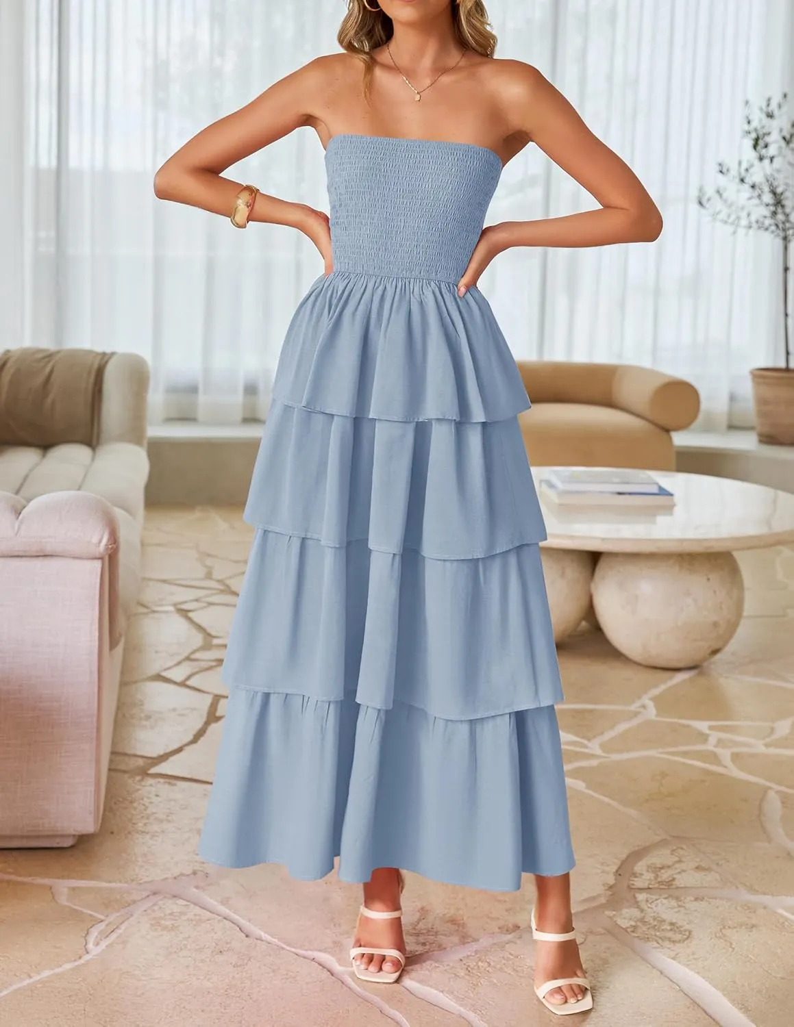 ZESICA Womens Summer Boho Strapless Maxi Dress 2025 Casual Sleeveless Off Shoulder Smocked Tiered Beach Long Sundress