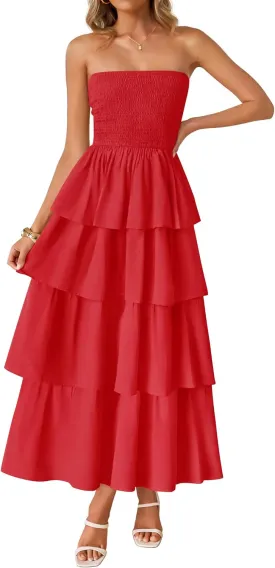 ZESICA Womens Summer Boho Strapless Maxi Dress 2025 Casual Sleeveless Off Shoulder Smocked Tiered Beach Long Sundress