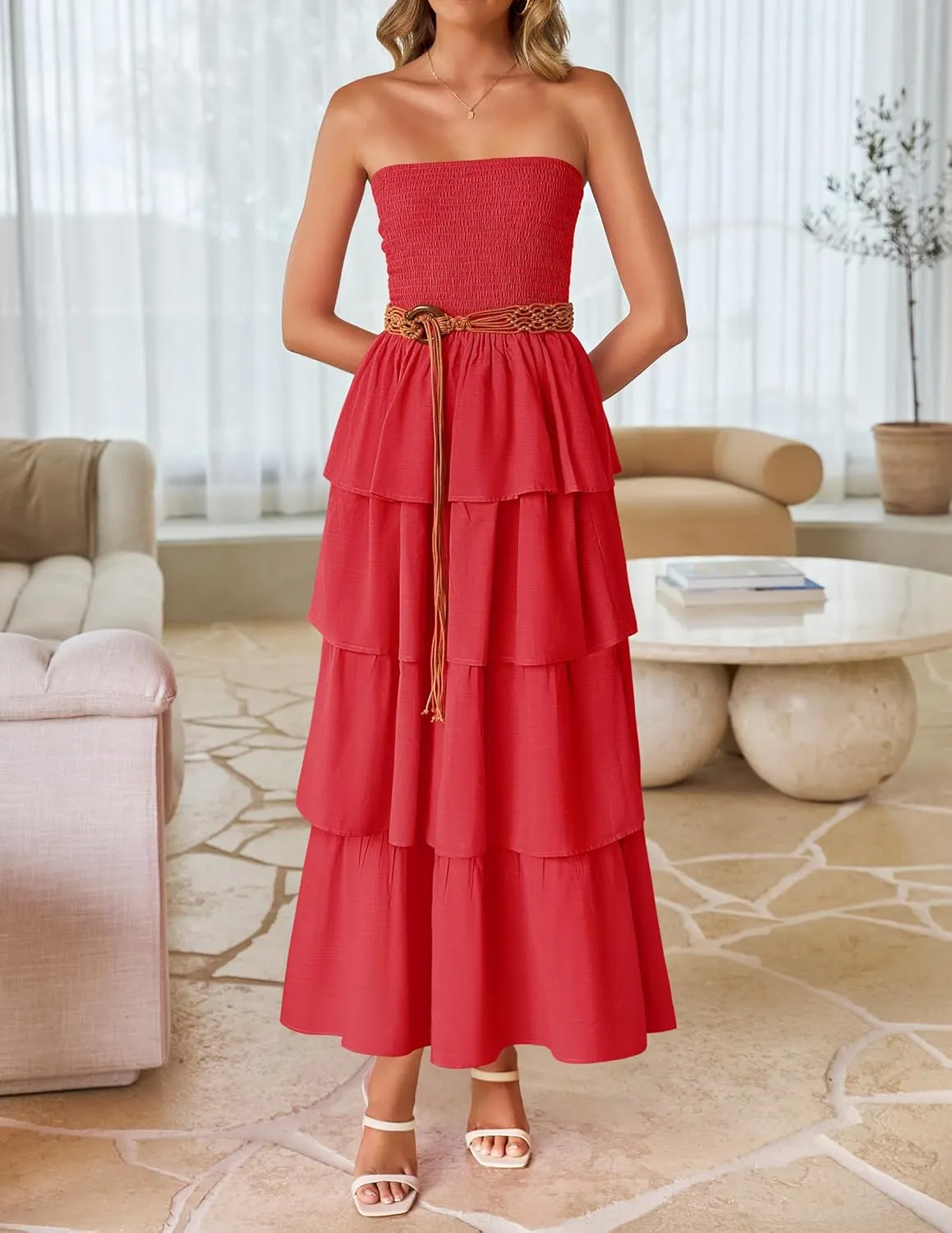 ZESICA Womens Summer Boho Strapless Maxi Dress 2025 Casual Sleeveless Off Shoulder Smocked Tiered Beach Long Sundress